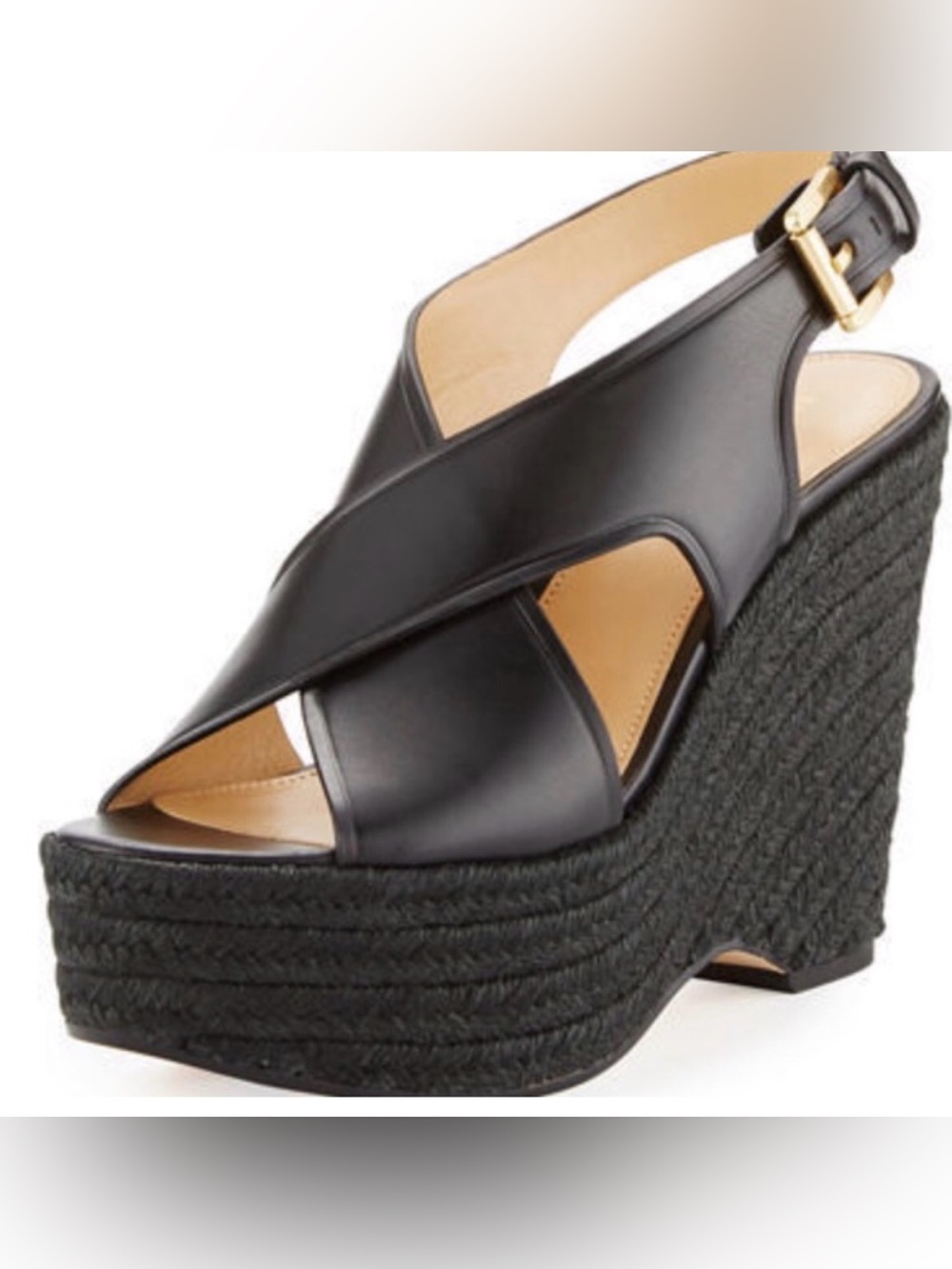 Michael Kors Angeline Black Leather Espadrille Wedge Platform Sandals 8